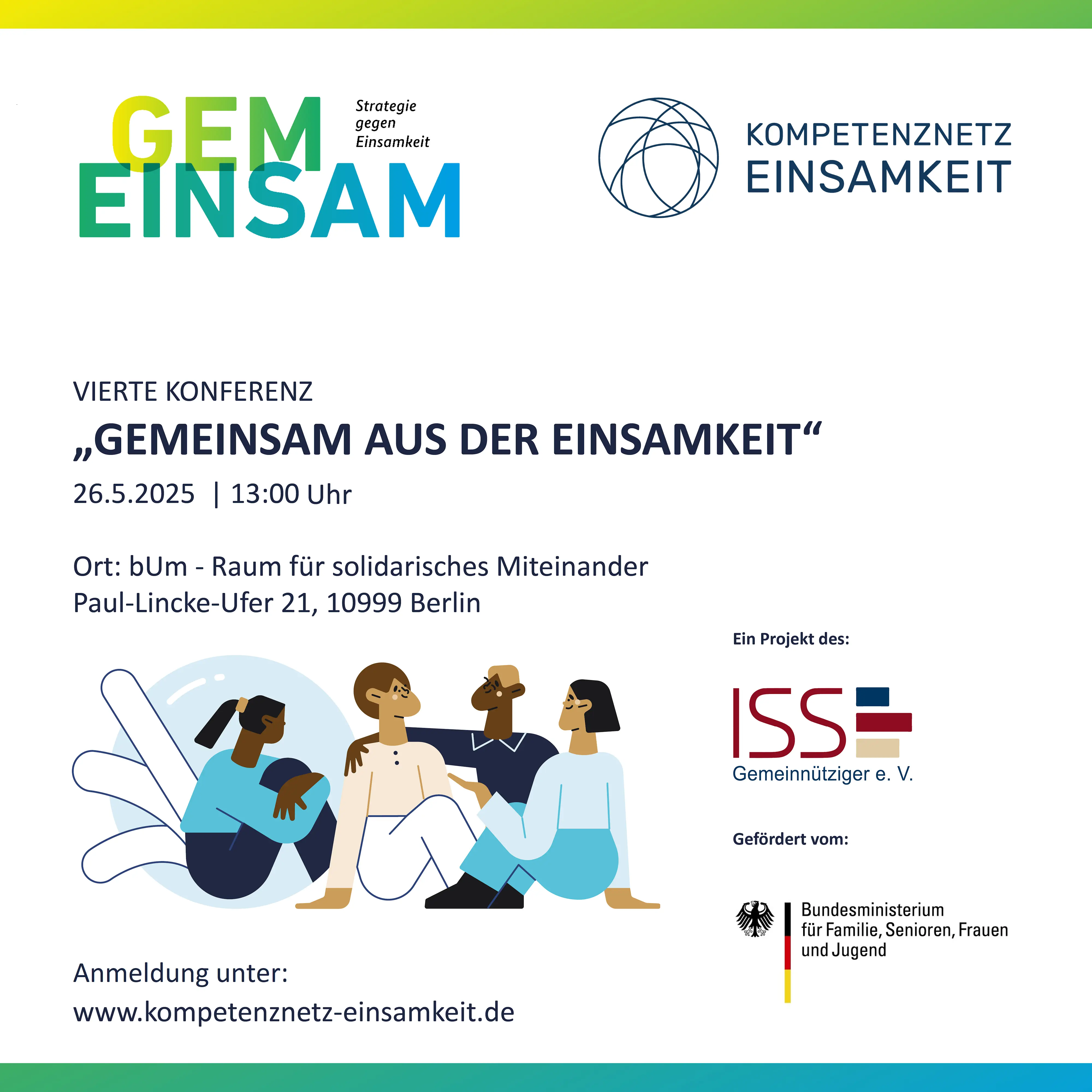 Flyer: Vierte Konferenz des Kompetenznetzes Einsamkeit am 26. Mai 2025 in Berlin.