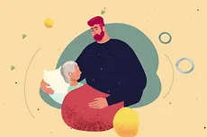 Animation eines Mannes der eine ältere Frau in seinen Armen hält